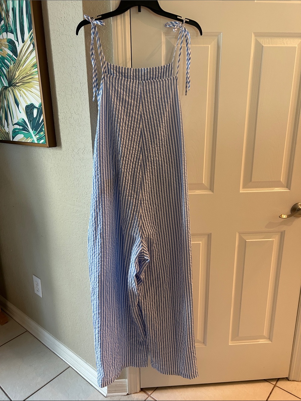Blue and White Striped Tie-Shoulder Jumpsuit